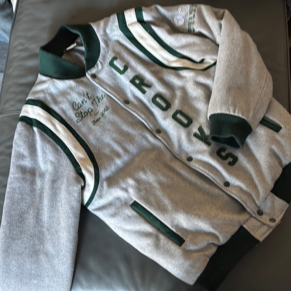 Gray and Green Crooks and Castles Varsity Jacket